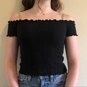 Aeropostale Off the Shoulder Black Lettuce Hem Top - Size S